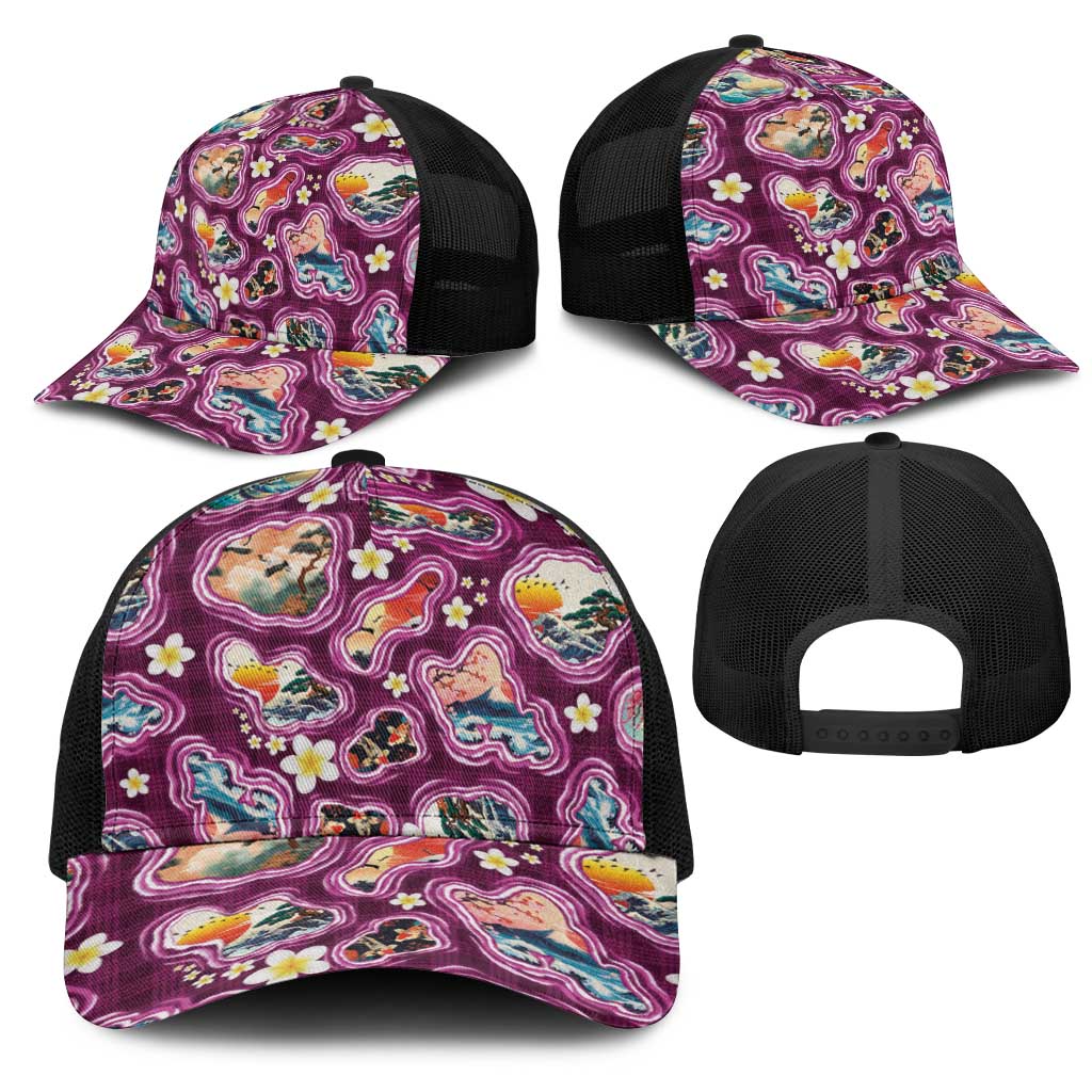 Hawaii Islands Map Design with Japanese Landscape Mesh Trucker Cap Hawaiian Japan Fusion Art Pink Color