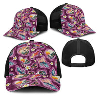 Hawaii Islands Map Design with Japanese Landscape Mesh Trucker Cap Hawaiian Japan Fusion Art Pink Color