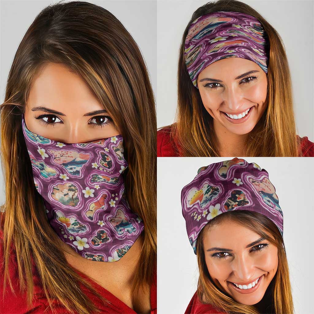 Hawaii Islands Map Design with Japanese Landscape Neck Gaiter Hawaiian Japan Fusion Art Pink Color