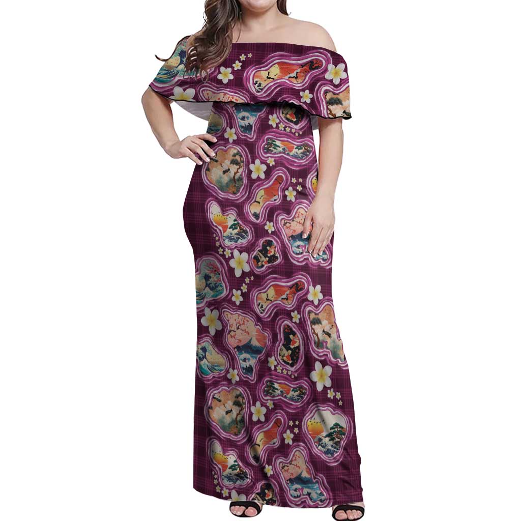 Hawaii Islands Map Design with Japanese Landscape Off Shoulder Maxi Dress Hawaiian Japan Fusion Art Pink Color