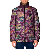 Hawaii Islands Map Design with Japanese Landscape Padded Jacket Hawaiian Japan Fusion Art Pink Color