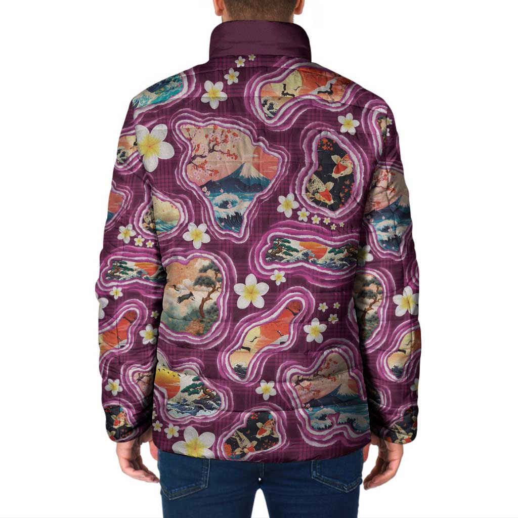 Hawaii Islands Map Design with Japanese Landscape Padded Jacket Hawaiian Japan Fusion Art Pink Color