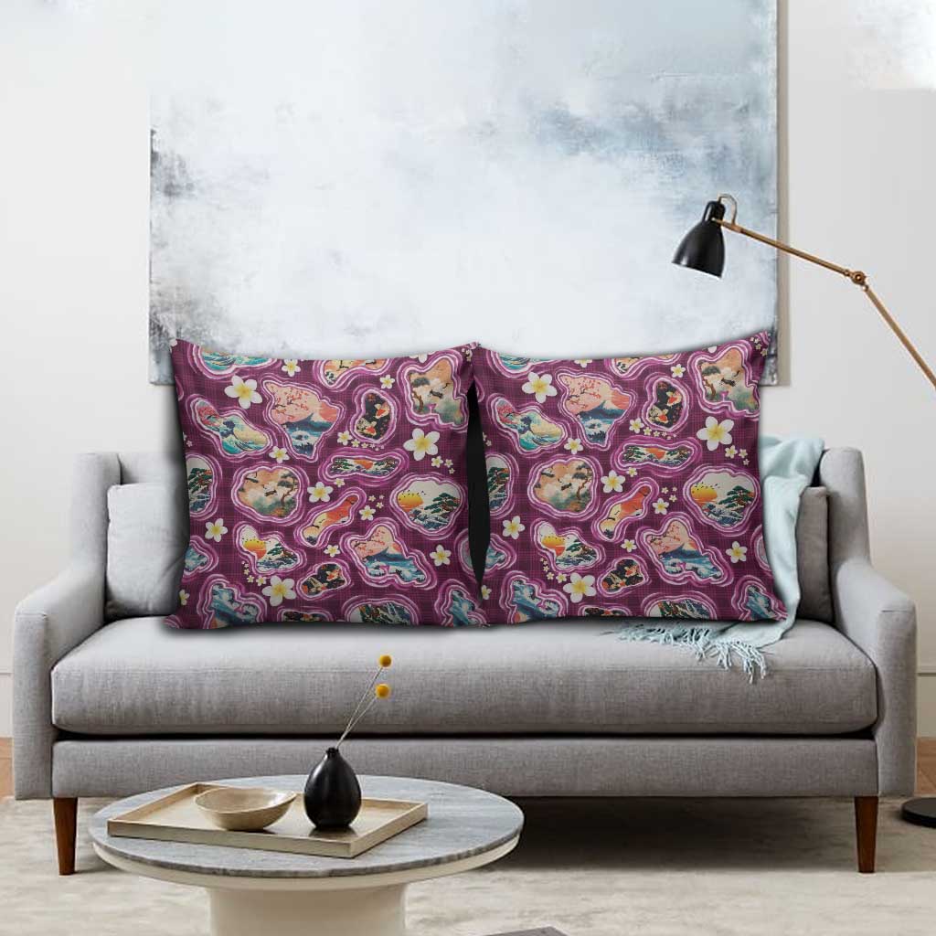 Hawaii Islands Map Design with Japanese Landscape Pillow Cover Hawaiian Japan Fusion Art Pink Color