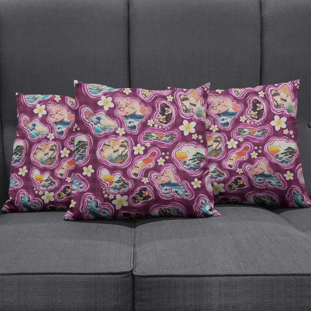 Hawaii Islands Map Design with Japanese Landscape Pillow Cover Hawaiian Japan Fusion Art Pink Color