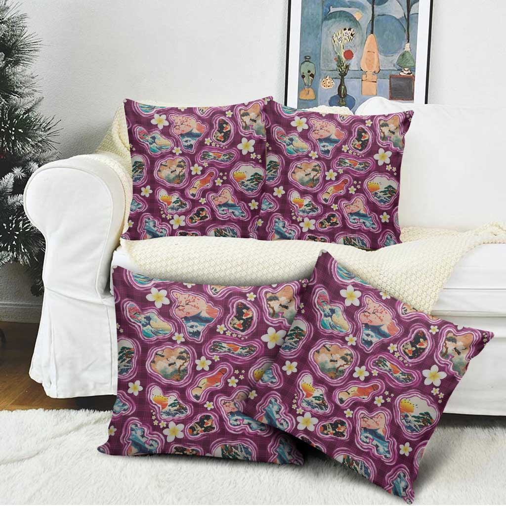 Hawaii Islands Map Design with Japanese Landscape Pillow Cover Hawaiian Japan Fusion Art Pink Color