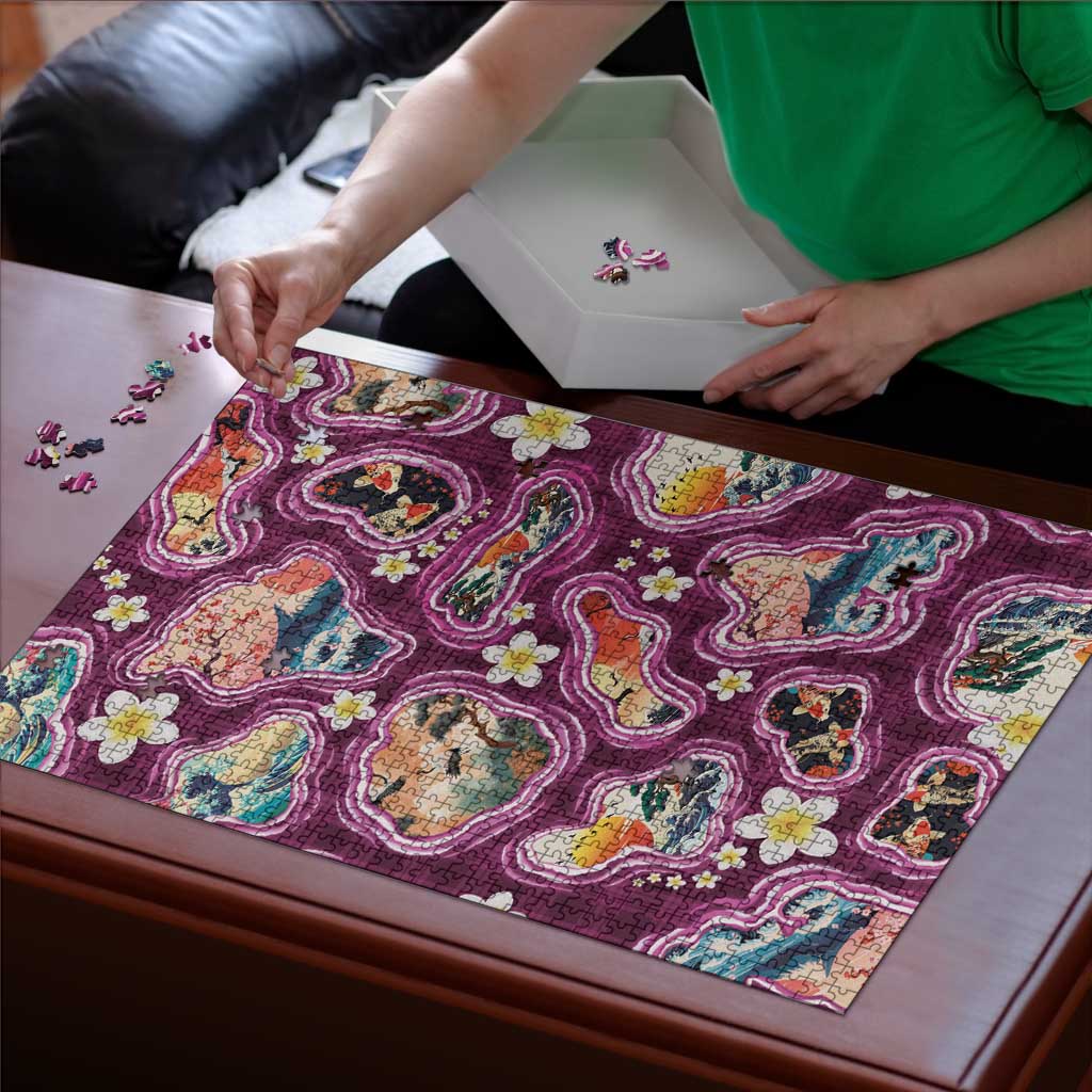 Hawaii Islands Map Design with Japanese Landscape Puzzle Hawaiian Japan Fusion Art Pink Color