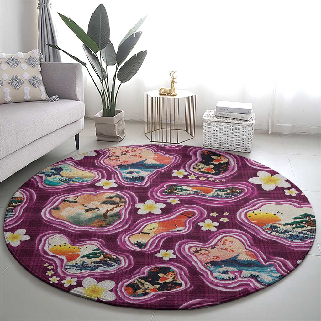 Hawaii Islands Map Design with Japanese Landscape Round Carpet Hawaiian Japan Fusion Art Pink Color