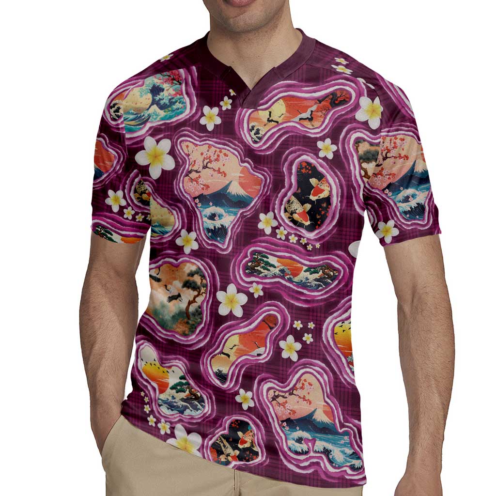 Hawaii Islands Map Design with Japanese Landscape Rugby Jersey Hawaiian Japan Fusion Art Pink Color