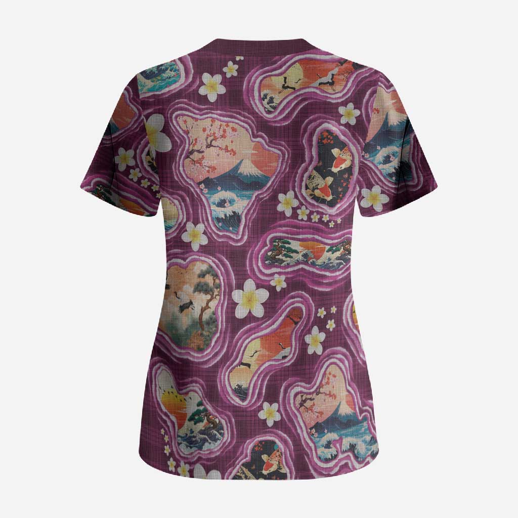 Hawaii Islands Map Design with Japanese Landscape Scrub Top Hawaiian Japan Fusion Art Pink Color