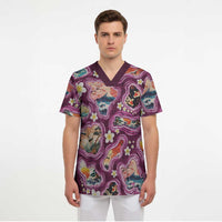 Hawaii Islands Map Design with Japanese Landscape Scrub Top Hawaiian Japan Fusion Art Pink Color
