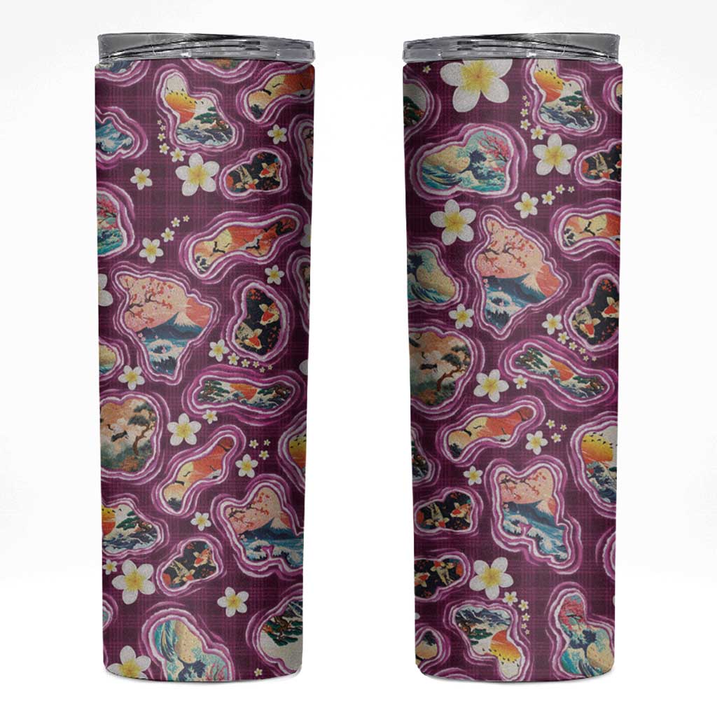Hawaii Islands Map Design with Japanese Landscape Skinny Tumbler Hawaiian Japan Fusion Art Pink Color LT03 Pink - Polynesian Pride