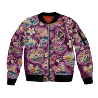 Hawaii Islands Map Design with Japanese Landscape Sleeve Zip Bomber Jacket Hawaiian Japan Fusion Art Pink Color
