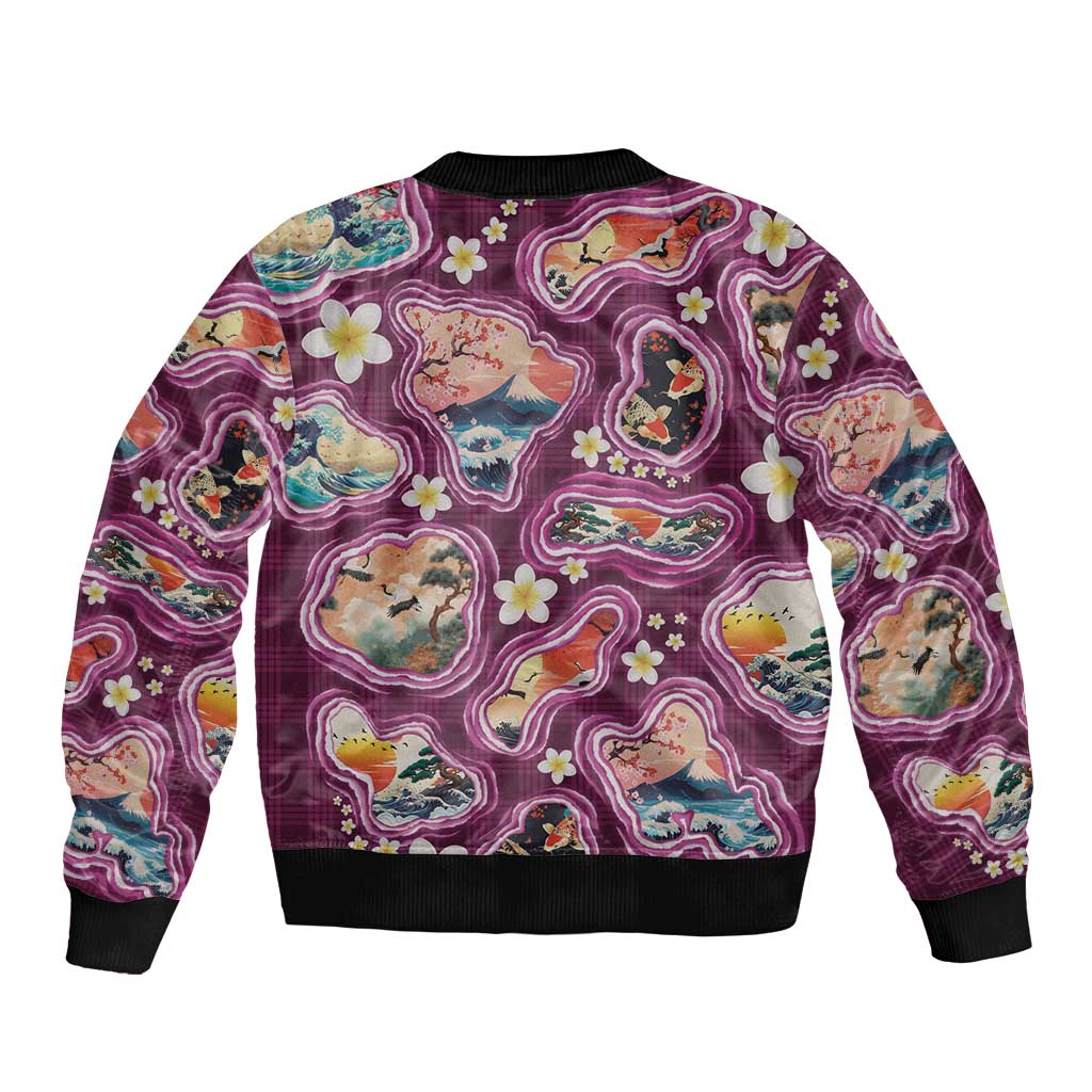 Hawaii Islands Map Design with Japanese Landscape Sleeve Zip Bomber Jacket Hawaiian Japan Fusion Art Pink Color