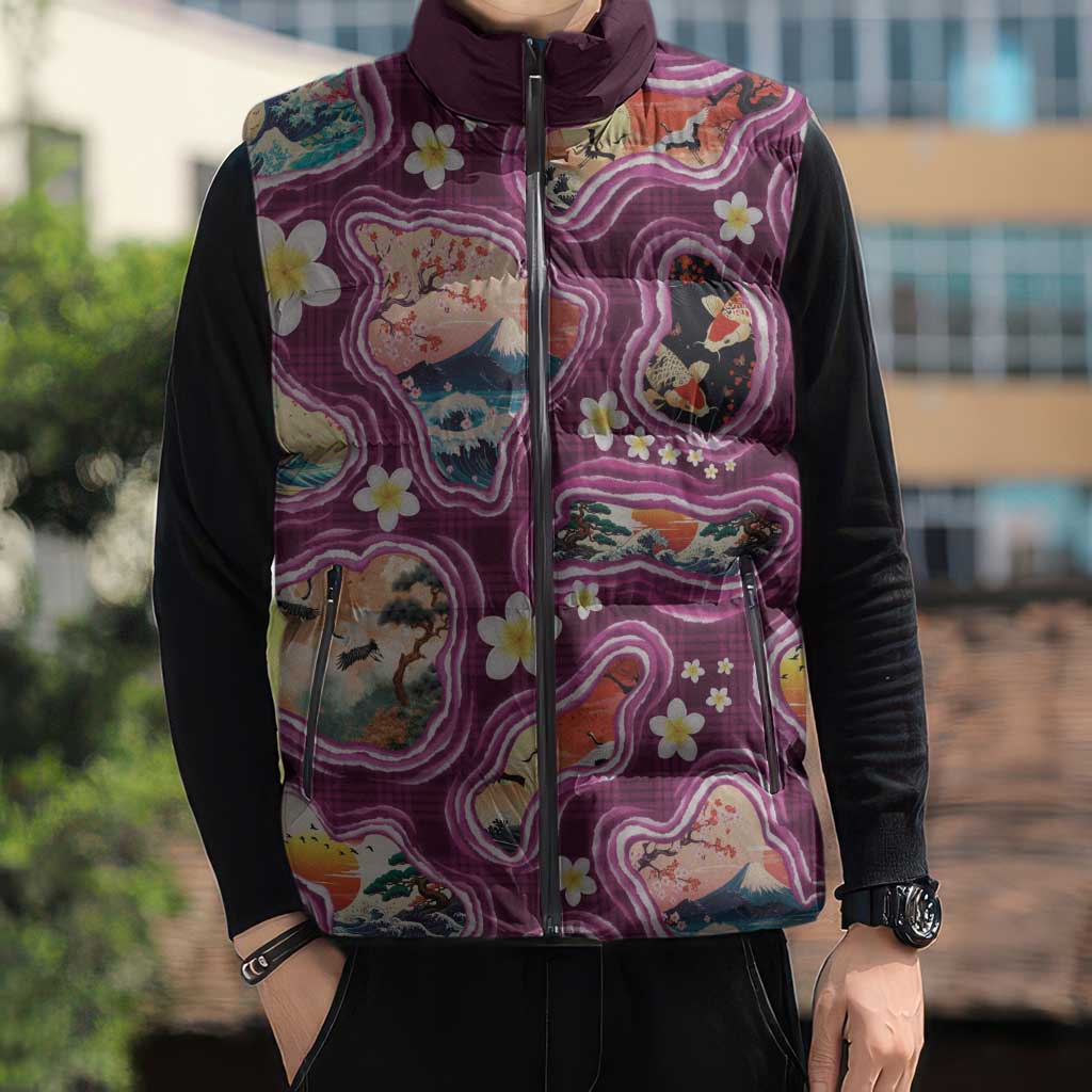 Hawaii Islands Map Design with Japanese Landscape Sleeveless Puffer Jacket Hawaiian Japan Fusion Art Pink Color LT03 - Polynesian Pride