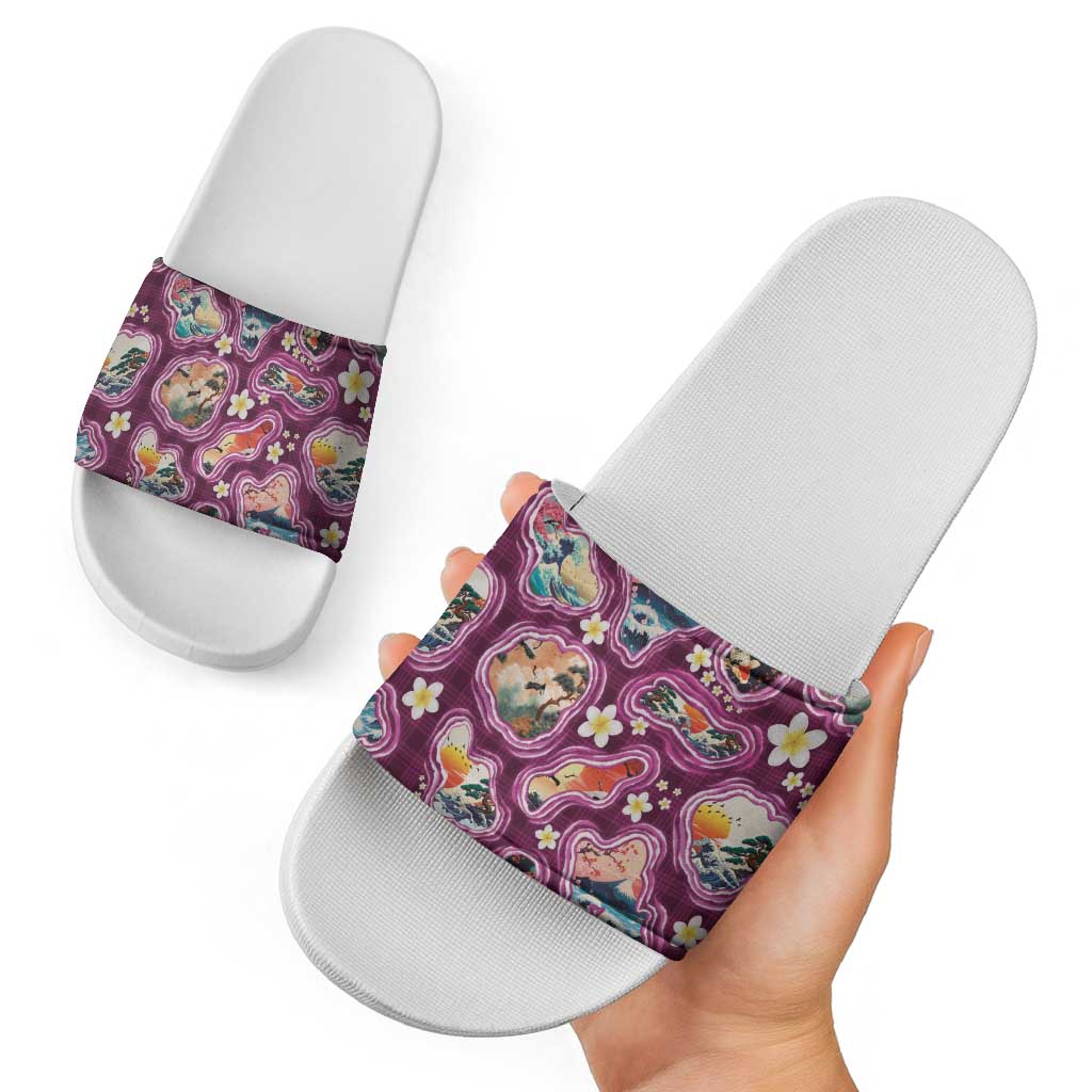 Hawaii Islands Map Design with Japanese Landscape Slide Sandals Hawaiian Japan Fusion Art Pink Color