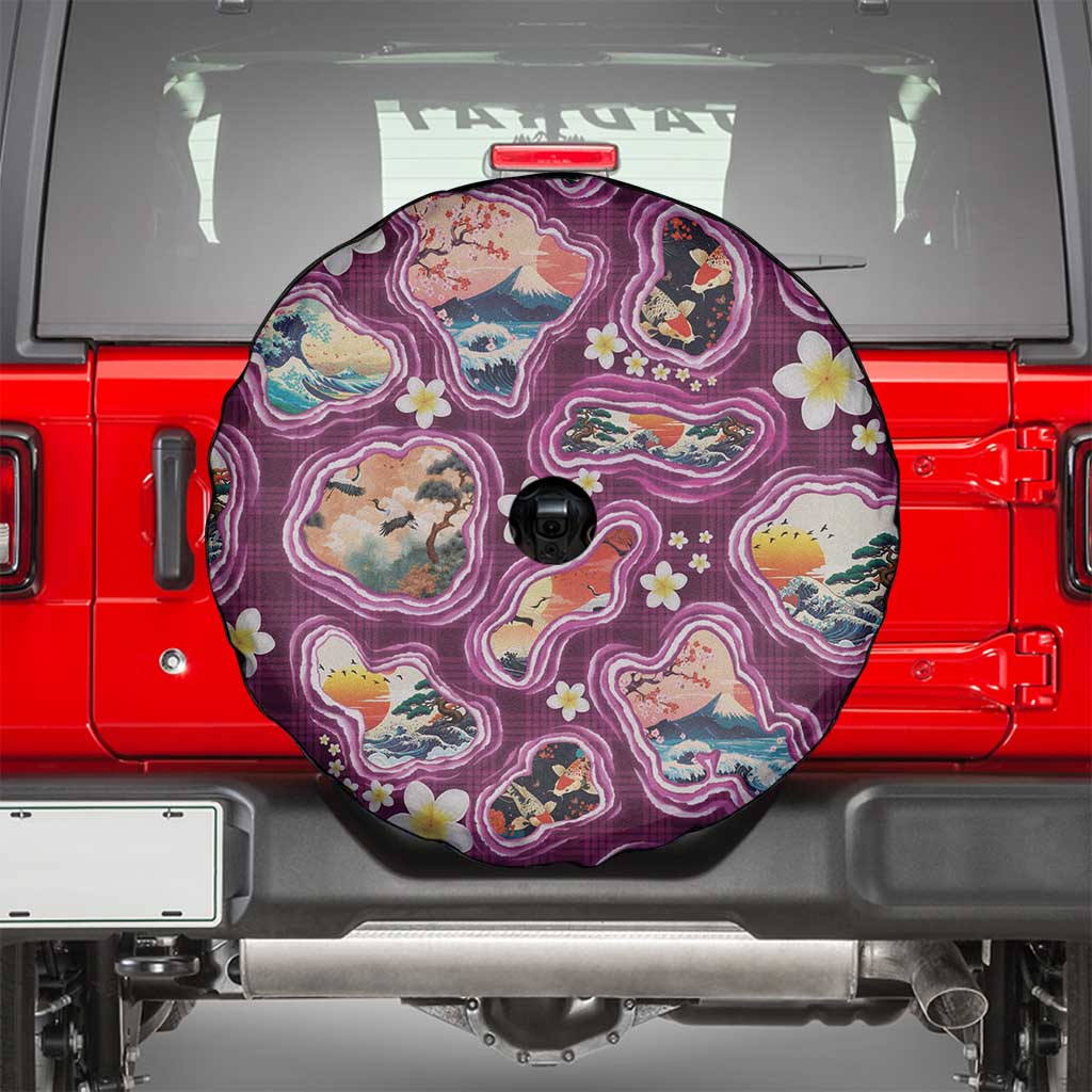 Hawaii Islands Map Design with Japanese Landscape Spare Tire Cover Hawaiian Japan Fusion Art Pink Color LT03 - Polynesian Pride