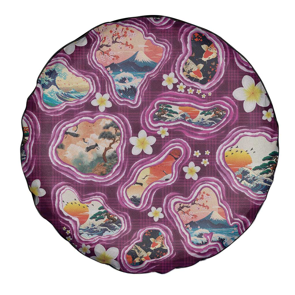 Hawaii Islands Map Design with Japanese Landscape Spare Tire Cover Hawaiian Japan Fusion Art Pink Color LT03 - Polynesian Pride