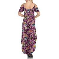 Hawaii Islands Map Design with Japanese Landscape Summer Maxi Dress Hawaiian Japan Fusion Art Pink Color