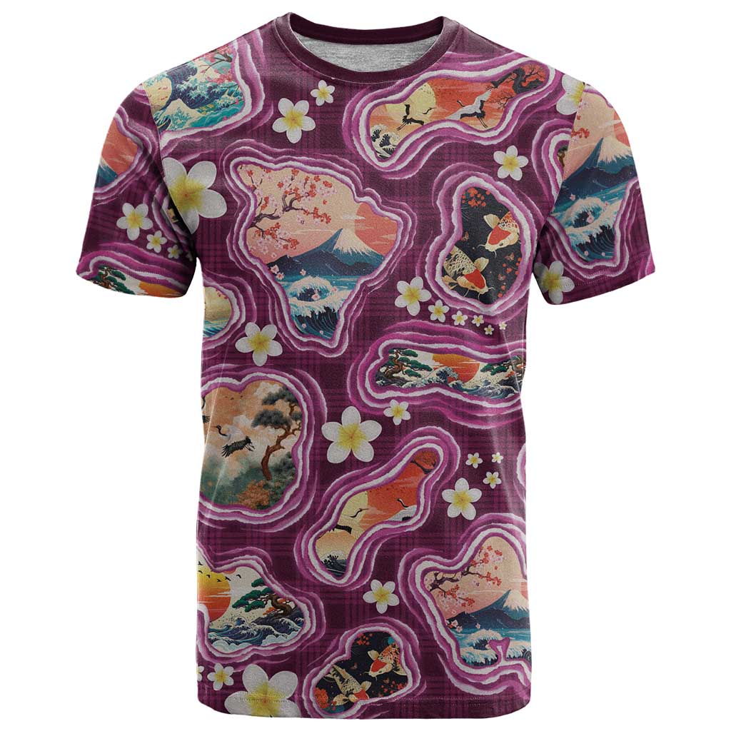 Hawaii Islands Map Design with Japanese Landscape T Shirt Hawaiian Japan Fusion Art Pink Color