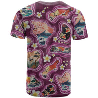 Hawaii Islands Map Design with Japanese Landscape T Shirt Hawaiian Japan Fusion Art Pink Color