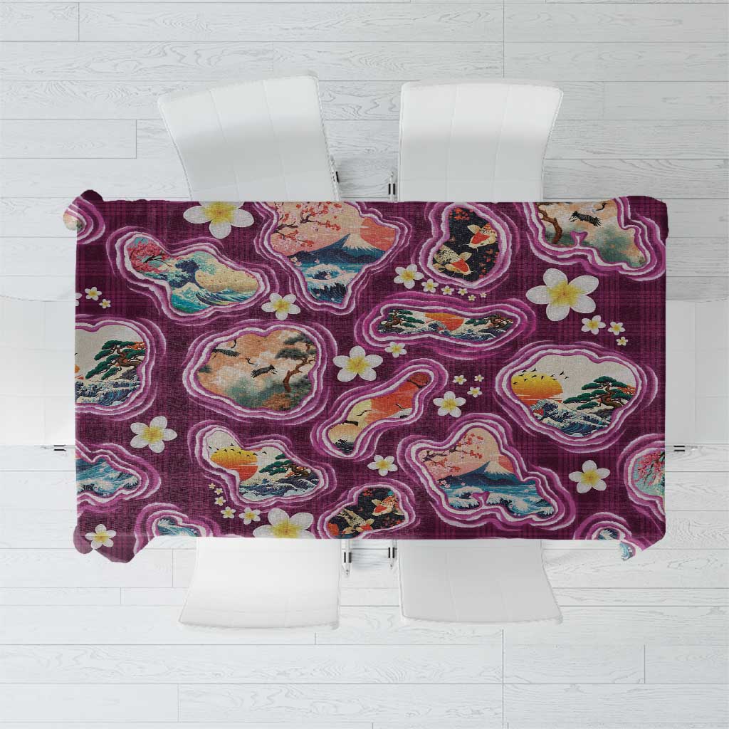 Hawaii Islands Map Design with Japanese Landscape Tablecloth Hawaiian Japan Fusion Art Pink Color