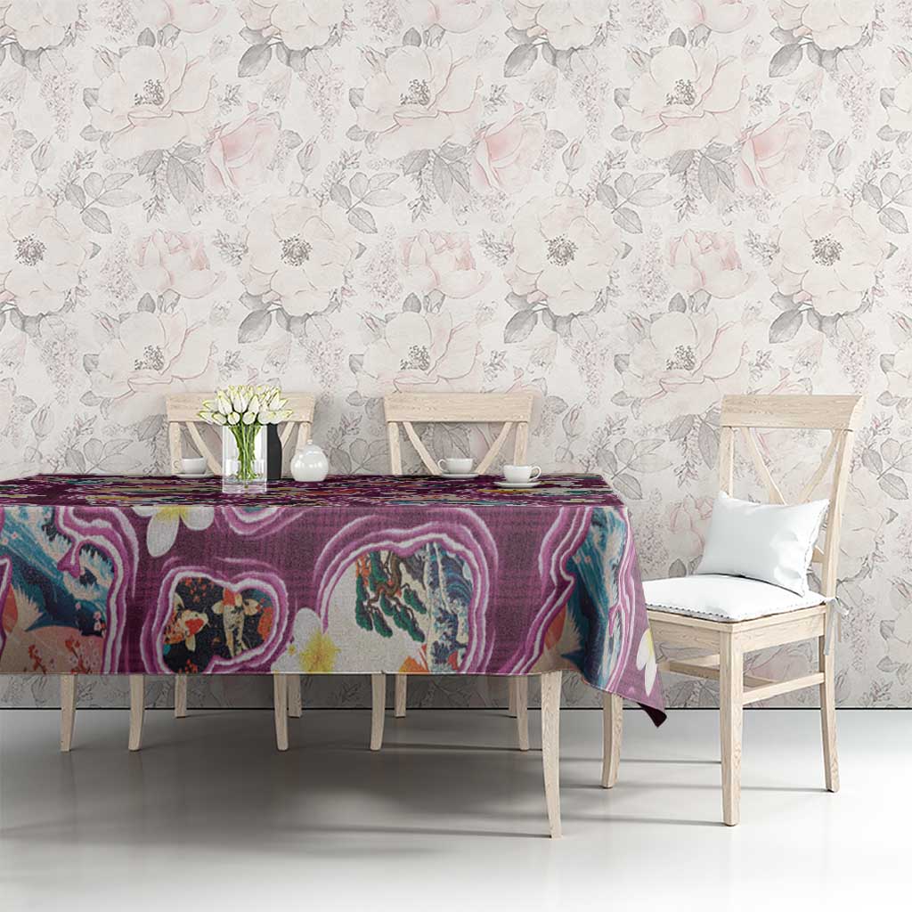 Hawaii Islands Map Design with Japanese Landscape Tablecloth Hawaiian Japan Fusion Art Pink Color