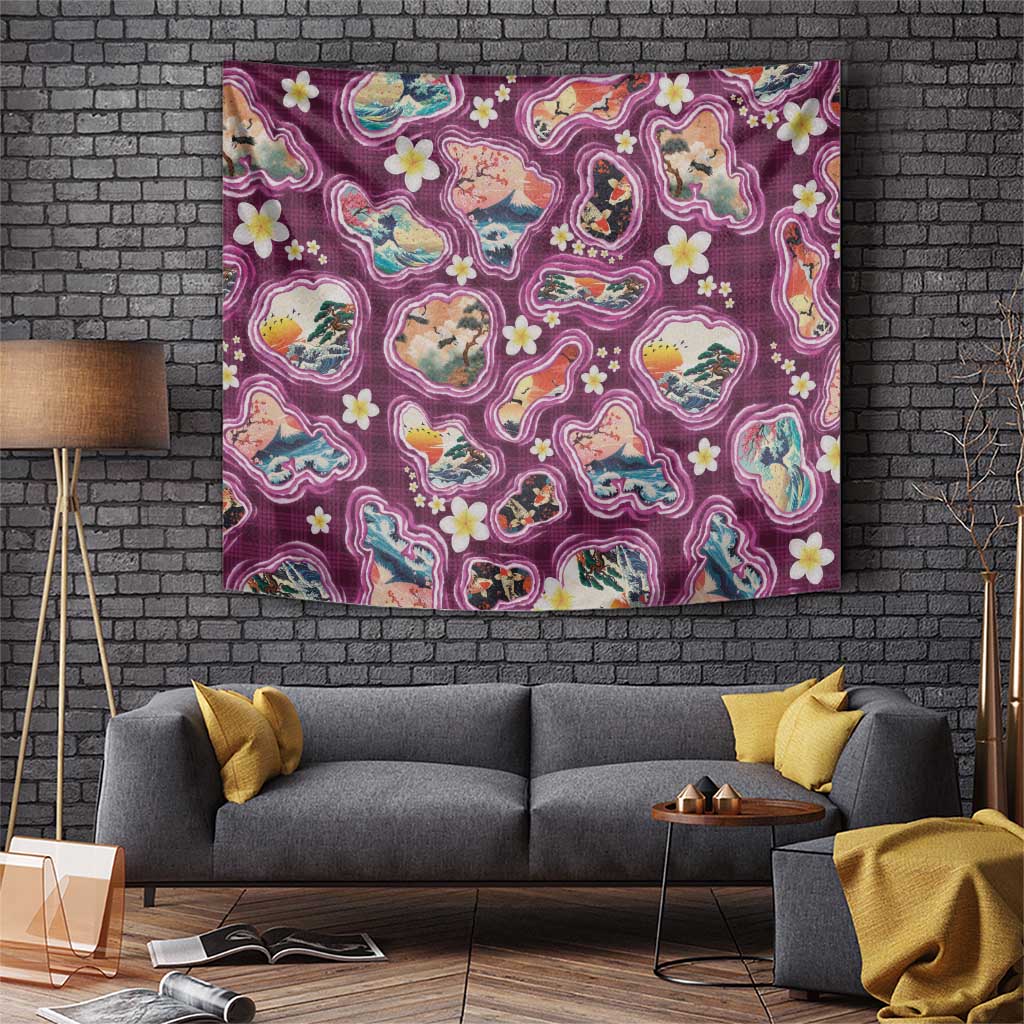 Hawaii Islands Map Design with Japanese Landscape Tapestry Hawaiian Japan Fusion Art Pink Color