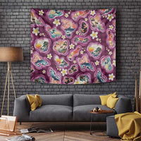 Hawaii Islands Map Design with Japanese Landscape Tapestry Hawaiian Japan Fusion Art Pink Color