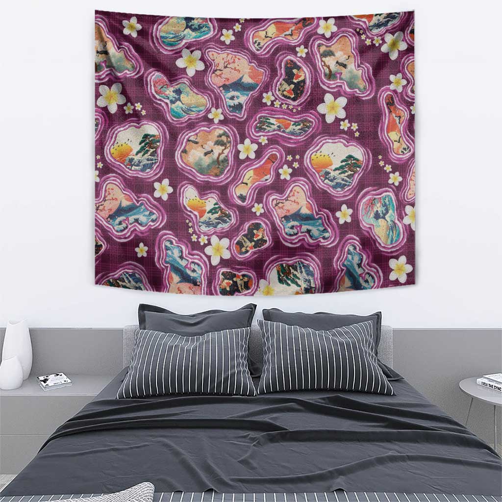 Hawaii Islands Map Design with Japanese Landscape Tapestry Hawaiian Japan Fusion Art Pink Color