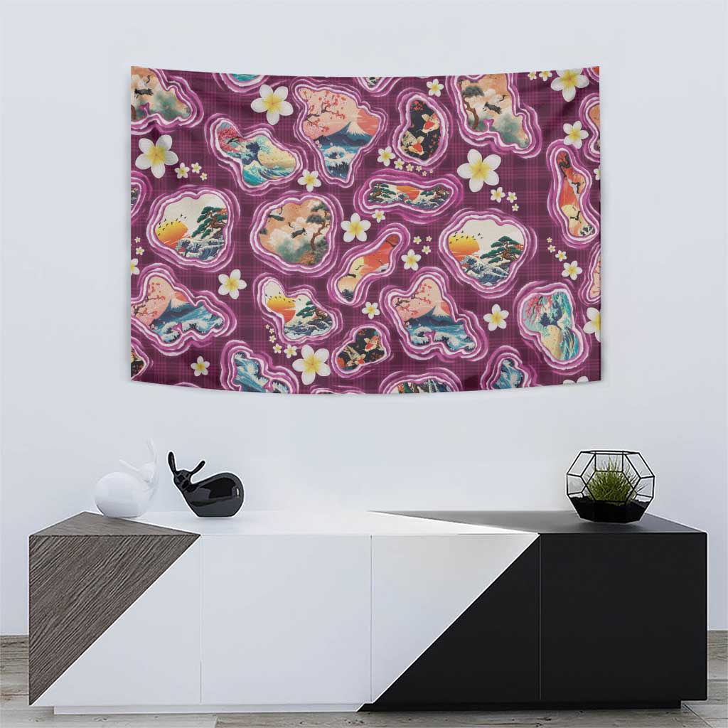 Hawaii Islands Map Design with Japanese Landscape Tapestry Hawaiian Japan Fusion Art Pink Color