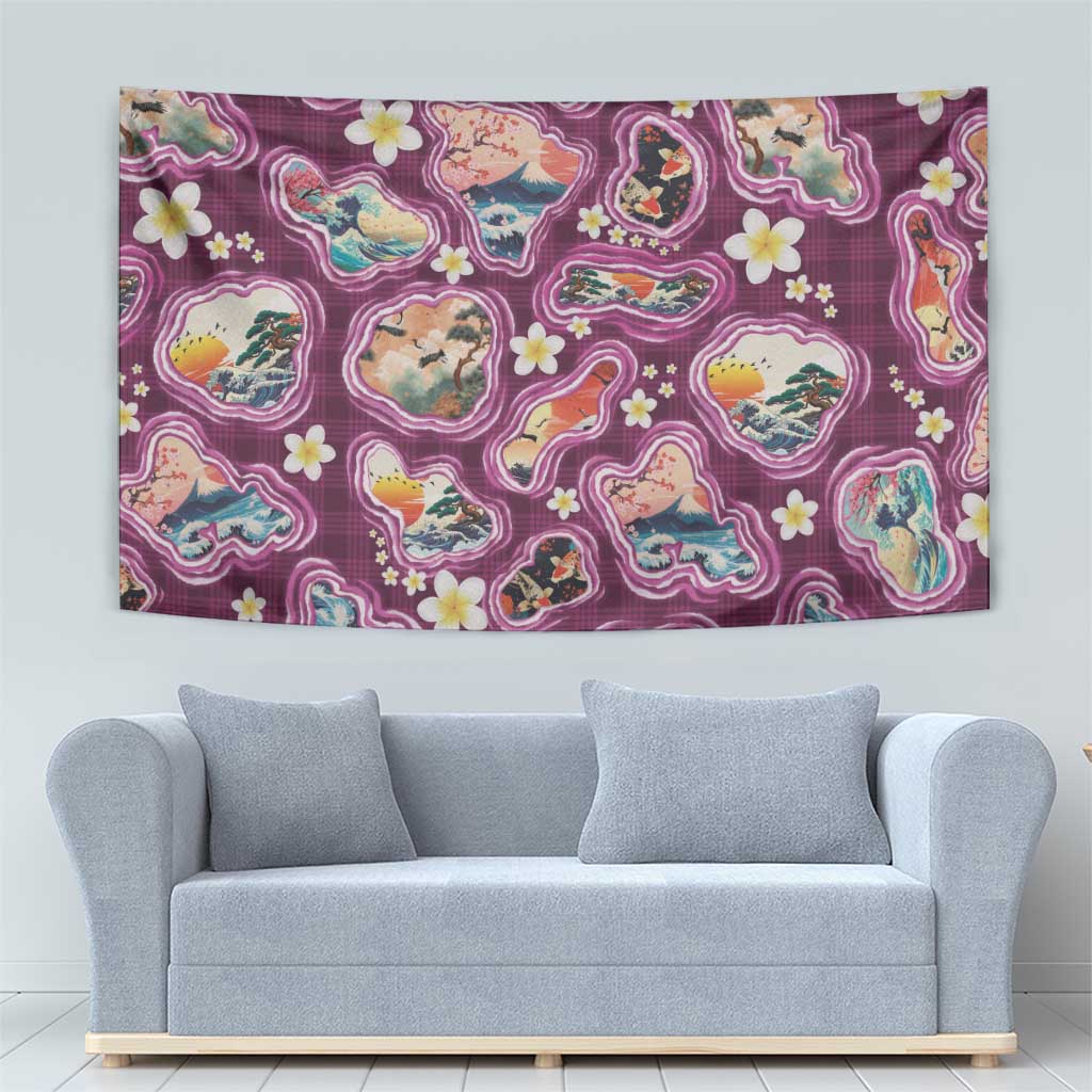 Hawaii Islands Map Design with Japanese Landscape Tapestry Hawaiian Japan Fusion Art Pink Color