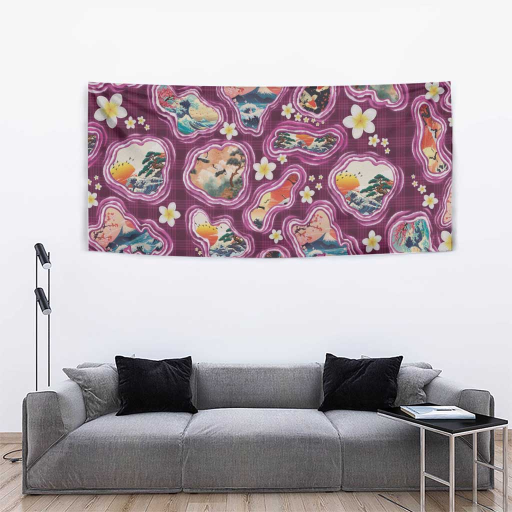 Hawaii Islands Map Design with Japanese Landscape Tapestry Hawaiian Japan Fusion Art Pink Color