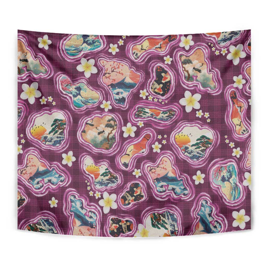 Hawaii Islands Map Design with Japanese Landscape Tapestry Hawaiian Japan Fusion Art Pink Color