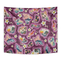 Hawaii Islands Map Design with Japanese Landscape Tapestry Hawaiian Japan Fusion Art Pink Color