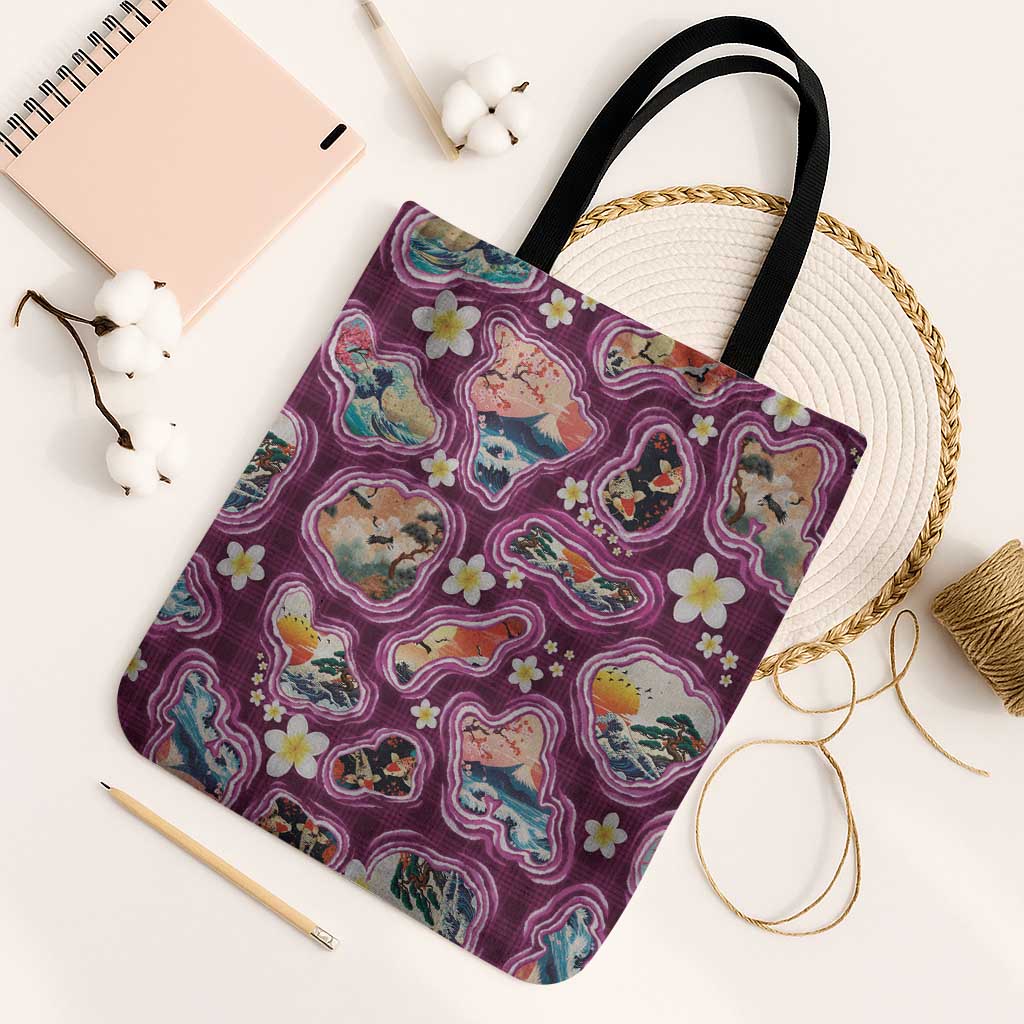 Hawaii Islands Map Design with Japanese Landscape Tote Bag Hawaiian Japan Fusion Art Pink Color