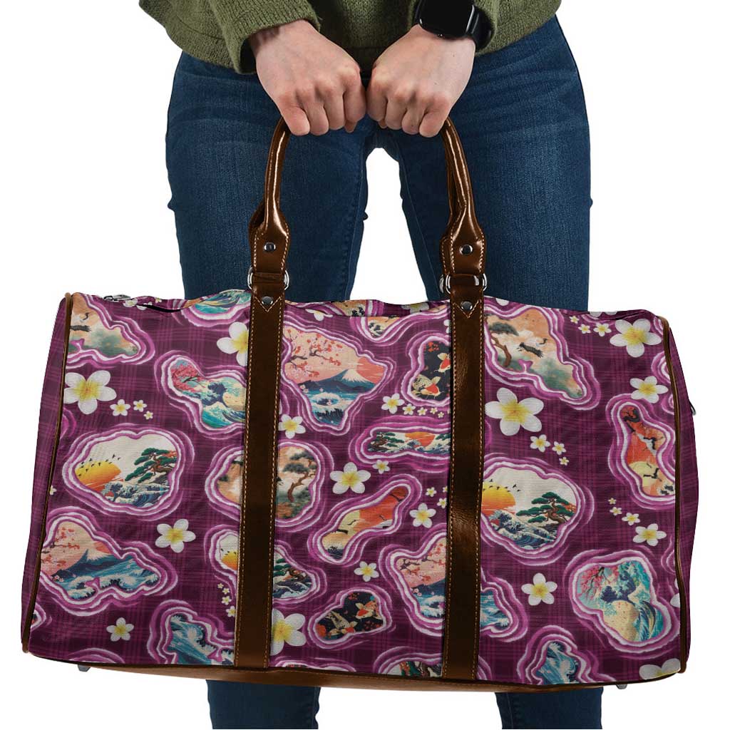 Hawaii Islands Map Design with Japanese Landscape Travel Bag Hawaiian Japan Fusion Art Pink Color