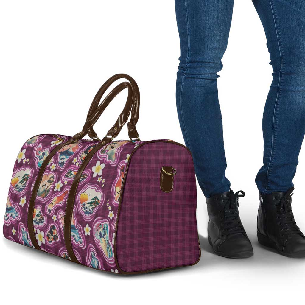 Hawaii Islands Map Design with Japanese Landscape Travel Bag Hawaiian Japan Fusion Art Pink Color