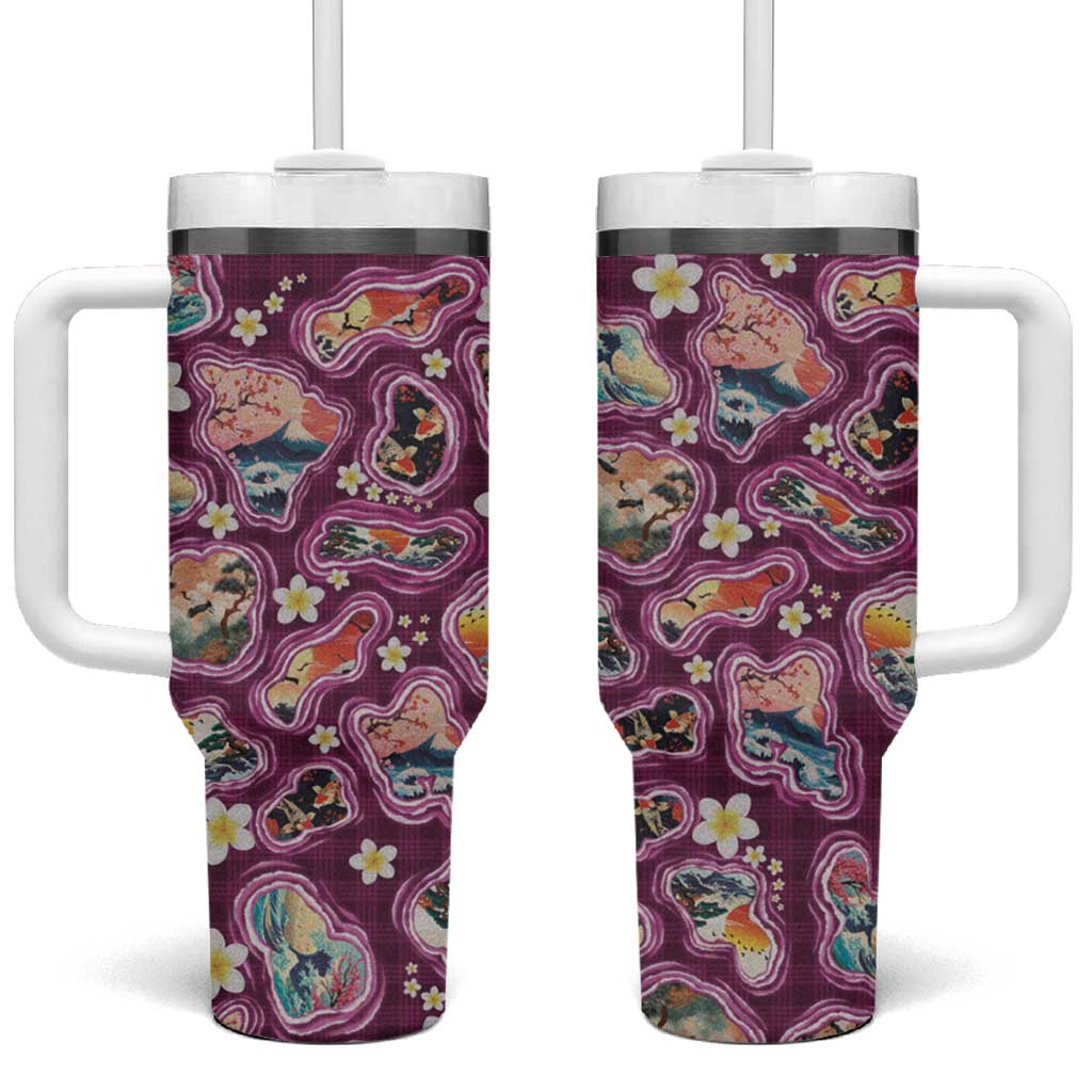 Hawaii Islands Map Design with Japanese Landscape Tumbler With Handle Hawaiian Japan Fusion Art Pink Color