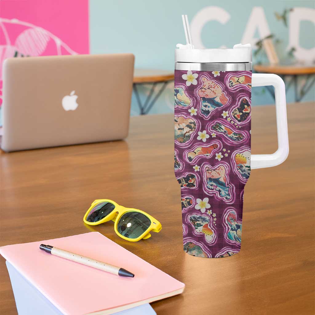 Hawaii Islands Map Design with Japanese Landscape Tumbler With Handle Hawaiian Japan Fusion Art Pink Color