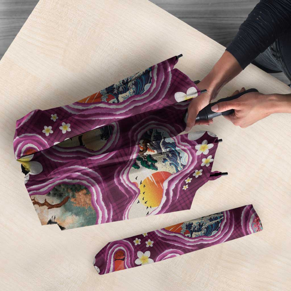 Hawaii Islands Map Design with Japanese Landscape Umbrella Hawaiian Japan Fusion Art Pink Color