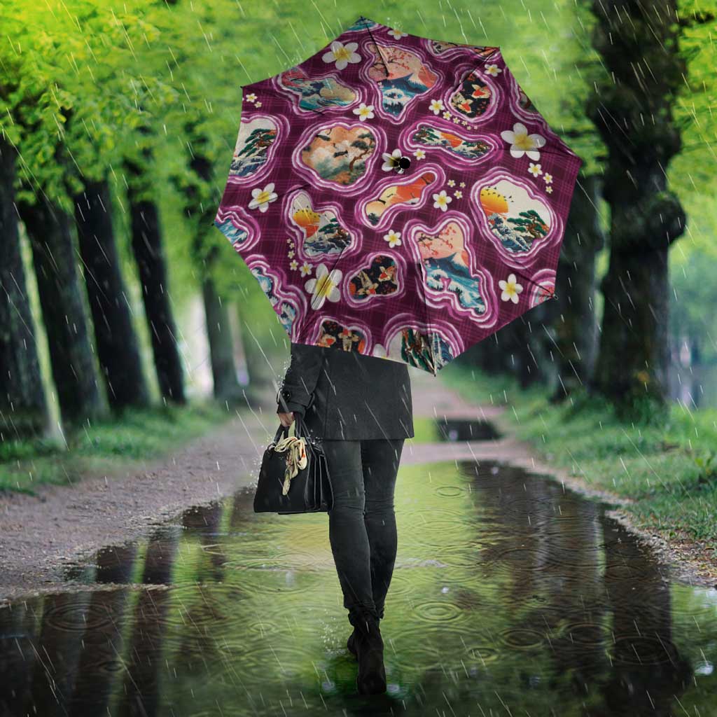 Hawaii Islands Map Design with Japanese Landscape Umbrella Hawaiian Japan Fusion Art Pink Color