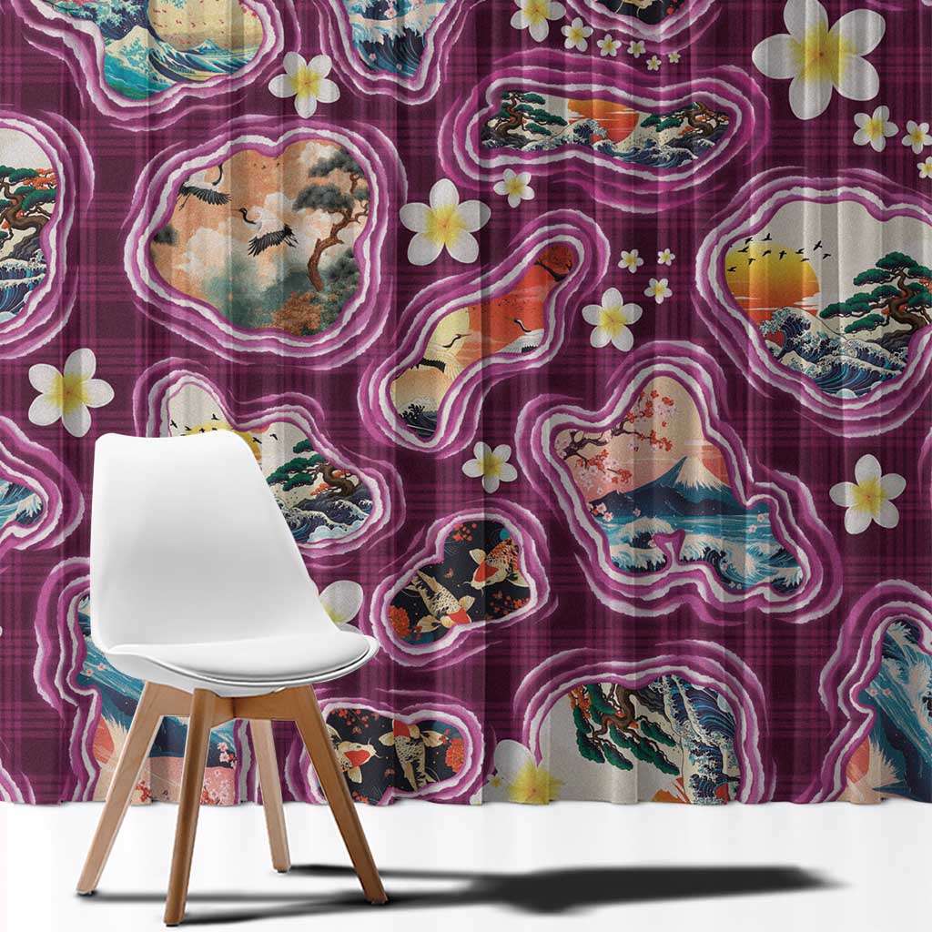 Hawaii Islands Map Design with Japanese Landscape Window Curtain Hawaiian Japan Fusion Art Pink Color