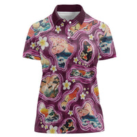 Hawaii Islands Map Design with Japanese Landscape Women Polo Shirt Hawaiian Japan Fusion Art Pink Color LT03 Female Pink - Polynesian Pride