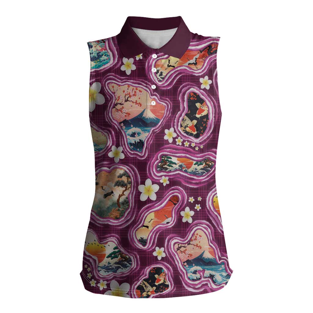 Hawaii Islands Map Design with Japanese Landscape Women Sleeveless Polo Shirt Hawaiian Japan Fusion Art Pink Color