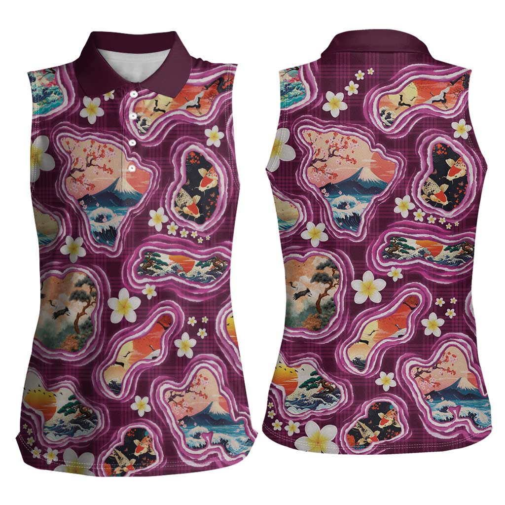 Hawaii Islands Map Design with Japanese Landscape Women Sleeveless Polo Shirt Hawaiian Japan Fusion Art Pink Color LT03 - Polynesian Pride