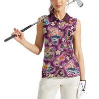 Hawaii Islands Map Design with Japanese Landscape Women Sleeveless Polo Shirt Hawaiian Japan Fusion Art Pink Color LT03 - Polynesian Pride