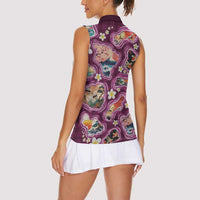 Hawaii Islands Map Design with Japanese Landscape Women Sleeveless Polo Shirt Hawaiian Japan Fusion Art Pink Color LT03 - Polynesian Pride