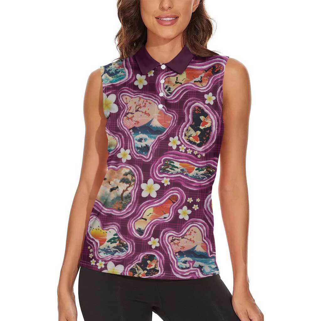 Hawaii Islands Map Design with Japanese Landscape Women Sleeveless Polo Shirt Hawaiian Japan Fusion Art Pink Color LT03 - Polynesian Pride