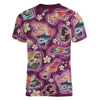 Hawaii Islands Map Design with Japanese Landscape Women V-Neck T-Shirt Hawaiian Japan Fusion Art Pink Color LT03 - Polynesian Pride