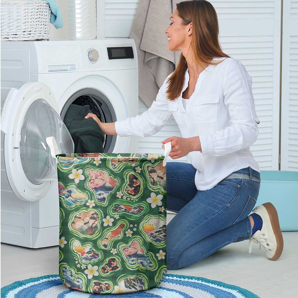 Hawaiian and Japanese Culture Together Laundry Basket Hawaiian Island Shapes with Japanese Landscape Green Color LT03 - Polynesian Pride